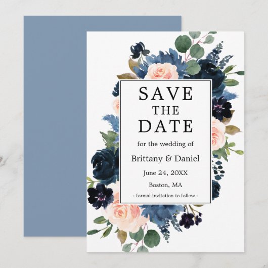 Save The Date Aquarelle rose bleu foncé Cadre Floral (Devant / Derrière)