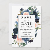 Save The Date Aquarelle rose bleu foncé photo florale (Devant)