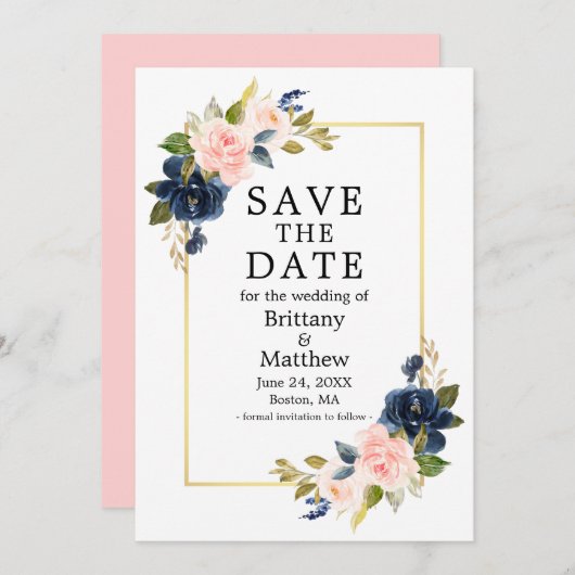 Save The Date Aquarelle rose Blush Blue Rose Gold Frame (Devant / Derrière)