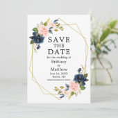 Save The Date Aquarelle rose Blush Blue Rose Gold Geo Frame (Debout devant)