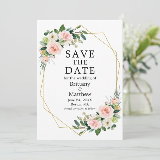 Save The Date Aquarelle rose Blush Rose Vert Geo Cadre (Debout devant)