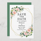 Save The Date Aquarelle rose Blush Rose Vert Geo Cadre (Devant / Derrière)