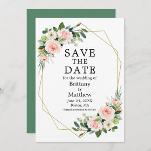 Save The Date Aquarelle rose Blush Rose Vert Geo Cadre