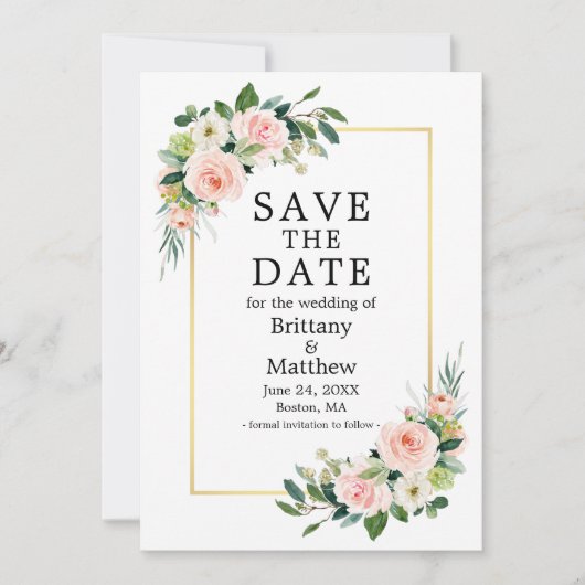 Save The Date Aquarelle rose Blush Rose Vert Or Cadre (Devant)