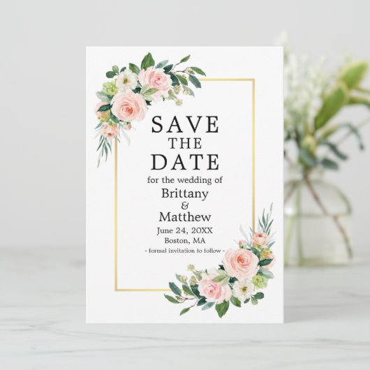 Save The Date Aquarelle rose Blush Rose Vert Or Cadre (Debout devant)