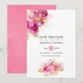 Save The Date Aquarelle rose et or Mariage floral (Devant / Derrière)