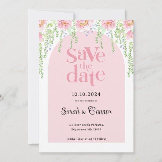 Save The Date Aquarelle rose Fleurs de pivoines blanches (Devant)