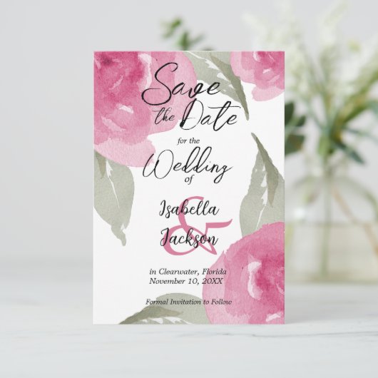 Save The Date Aquarelle rose Floral (Debout devant)