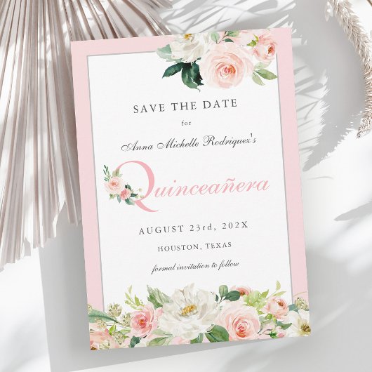 Save The Date Aquarelle rose Floral Quinceañera Enregistrer la d