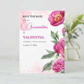 Save The Date Aquarelle rose Fuchsia Floral or Quinceañera (Debout devant)