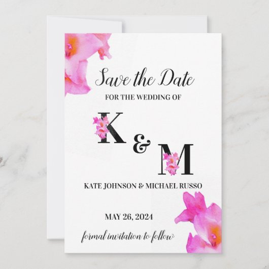 Save The Date Aquarelle rose gladiolus (Devant)