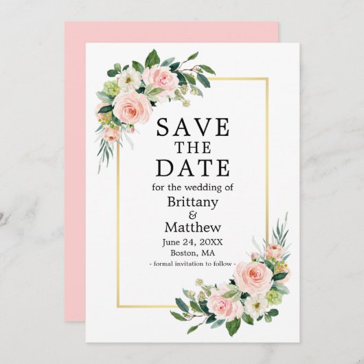 Save The Date Aquarelle Rose Gold Frame rose (Devant / Derrière)