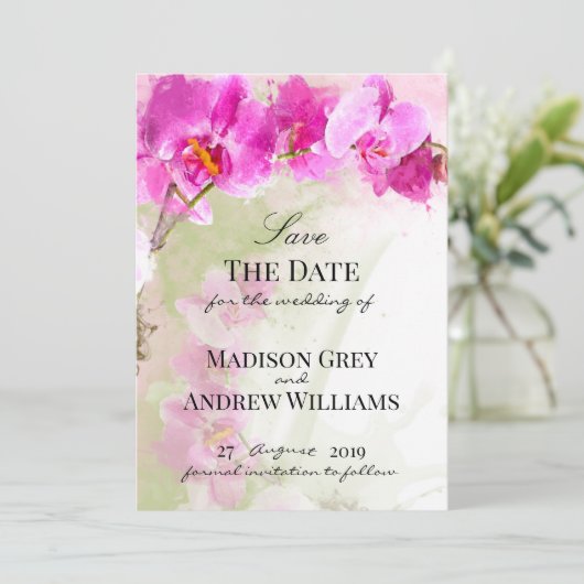 Save The Date Aquarelle rose orchidée Splash Enregistrer la date (Debout devant)