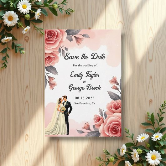 Save The Date Aquarelle rose pâle Floral Bride & Mariage de cham