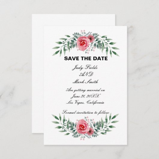 Save The Date Aquarelle Rose Rose Vert Feuillage (Devant / Derrière)