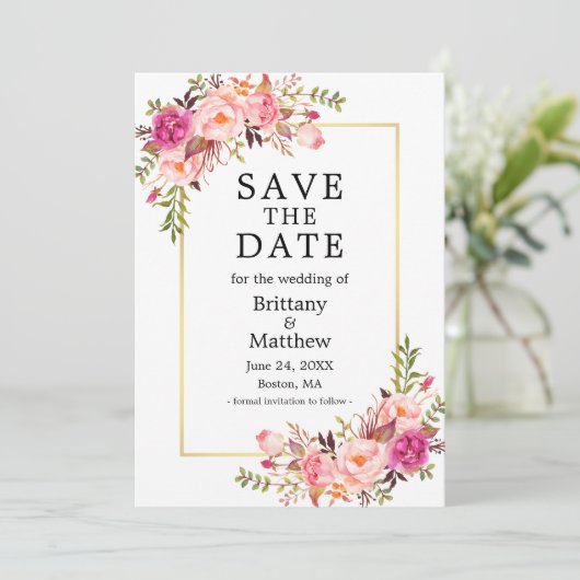 Save The Date Aquarelle rose Roses Dusty Bleu Enregistrer La Dat (Debout devant)