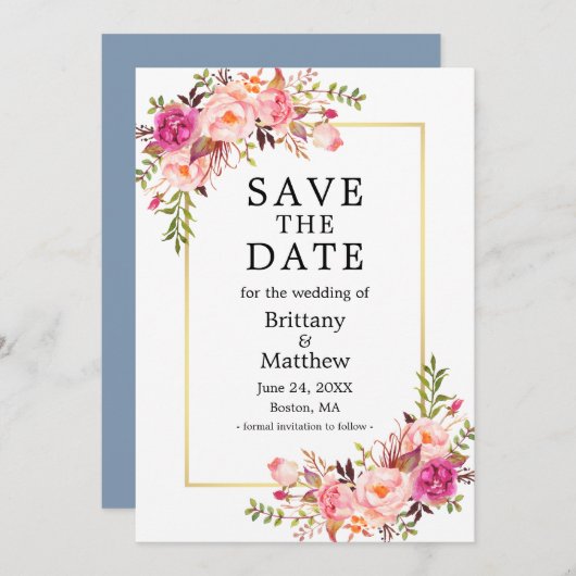 Save The Date Aquarelle rose Roses Dusty Bleu Enregistrer La Dat (Devant / Derrière)