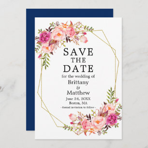 Save The Date Aquarelle rose Roses Geo Cadre Bleu Enregistrer La