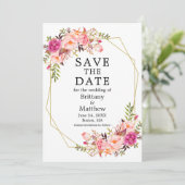Save The Date Aquarelle rose Roses Geo Frame Dusty Blue (Debout devant)