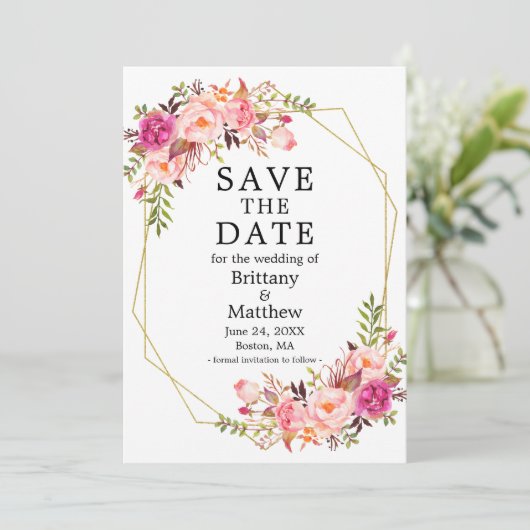 Save The Date Aquarelle rose Roses Geo Frame Photo (Debout devant)