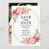 Save The Date Aquarelle rose Roses Geo Frame Photo (Devant / Derrière)