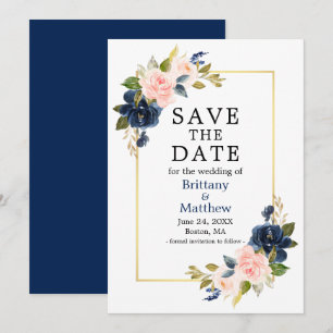 Save The Date Aquarelle rose Roses Marine Bleu Or Frame