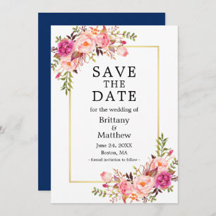 Save The Date Aquarelle rose Roses Or Bleu Enregistrer La Date
