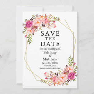 Save The Date Aquarelle Rose Roses Or Cadre Geo Enregistrer La D