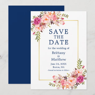 Save The Date Aquarelle rose Roses Or Marine Bleu Enregistrer La