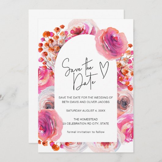 Save The Date Aquarelle rose vif Arche florale Enregistrer la da (Devant / Derrière)