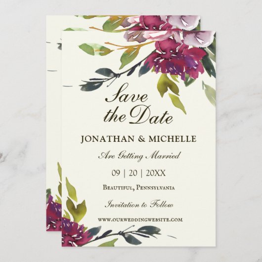 Save The Date Aquarelle rose violet Floral Mariage chrétien (Devant / Derrière)