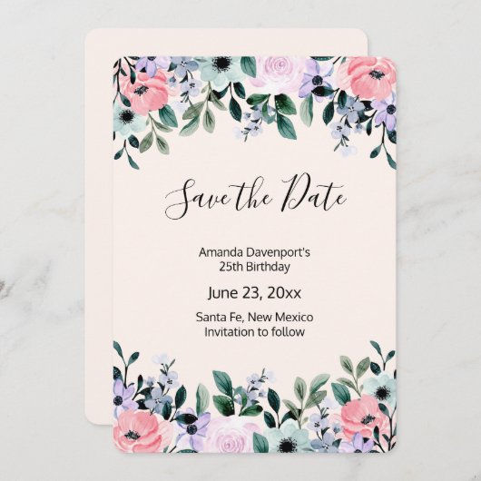 Save The Date Aquarelle rose violet vert à la frontière florale (Devant / Derrière)
