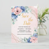 Save The Date Aquarelle Roses bleu et Mariage vert (Debout devant)