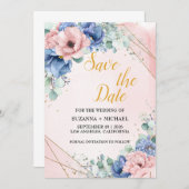 Save The Date Aquarelle Roses bleu et Mariage vert (Devant / Derrière)