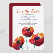Save The Date Aquarelle Rouge Fleurs de pavot Enregistrer la dat (Devant / Derrière)