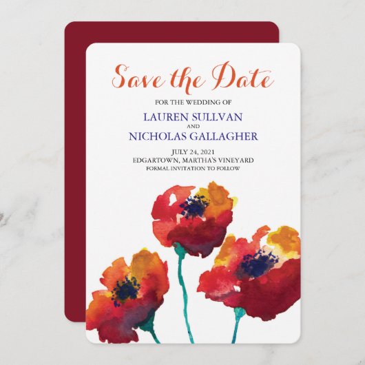 Save The Date Aquarelle Rouge Fleurs de pavot Enregistrer la dat (Devant / Derrière)