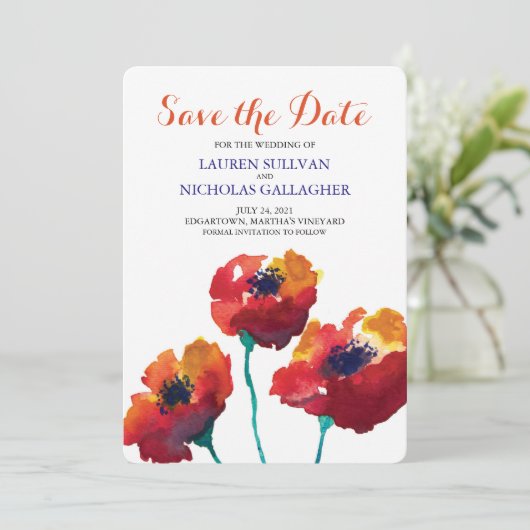 Save The Date Aquarelle Rouge Fleurs de pavot Enregistrer la dat (Debout devant)