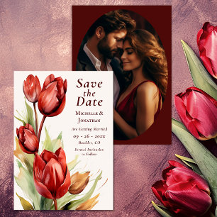 Save The Date Aquarelle Rouge Tulipes Printemps Floral Mariage p