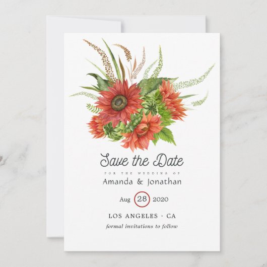 Save The Date Aquarelle Russe Bohème Mariage de tournesols rouge (Devant)