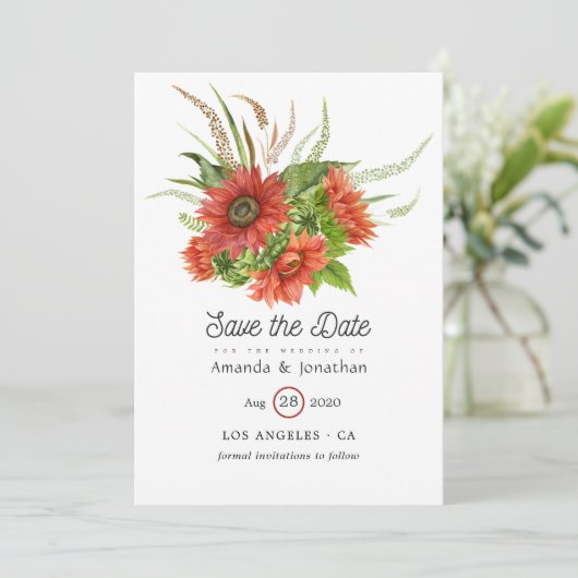 Save The Date Aquarelle Russe Bohème Mariage de tournesols rouge (Debout devant)