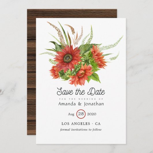 Save The Date Aquarelle Russe Bohème Mariage de tournesols rouge (Devant / Derrière)