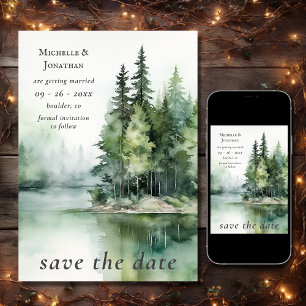 Save The Date Aquarelle Rustic Lake Woodland Forest Mariage
