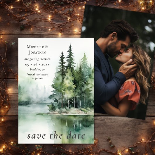 Save The Date Aquarelle Rustic Lake Woodland Mariage photo