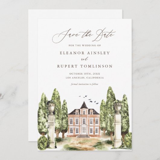 Save The Date Aquarelle rustique Anglais Manoir Code QR (Devant / Derrière)