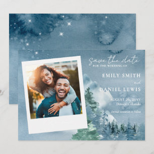 Save The Date Aquarelle rustique Arbres et montagnes Bleu roux