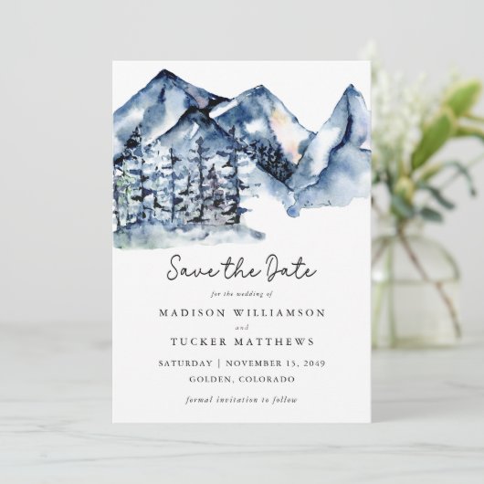 Save The Date Aquarelle Rustique Blue Mountain Enregistrer la da (Debout devant)