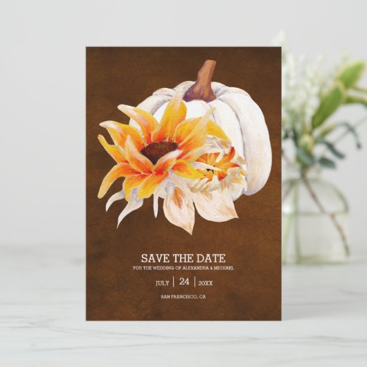 Save The Date Aquarelle Rustique Citrouille blanc Tournesol Enre (Debout devant)