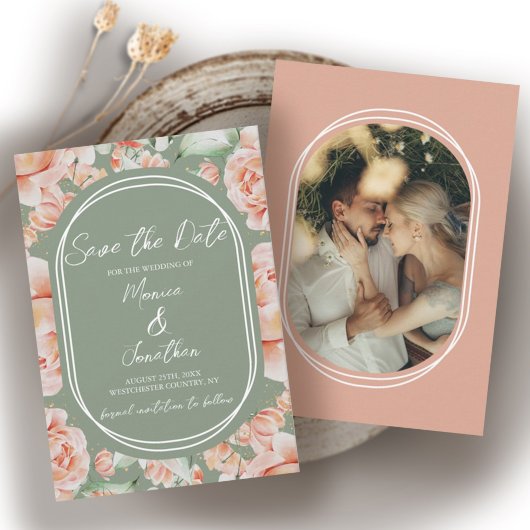 Save The Date Aquarelle rustique Floral Sage Blush Photo Mariage