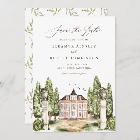 Save The Date Aquarelle rustique Manoir anglais (Devant / Derrière)
