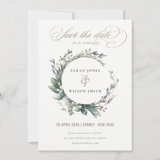 Save The Date Aquarelle rustique Mariage de serrure vert feuilla (Devant)